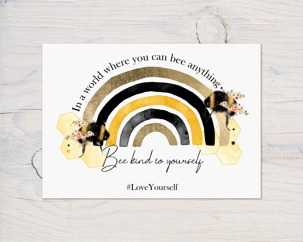 Bee Kind Motivational Bee Rainbow A4 Wall Print - ideal for Bedrooms, Office, Study, Workplace, Motivate and Bee Kind, can be personalised