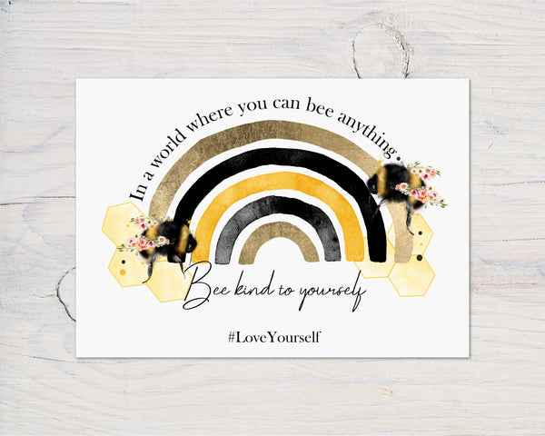 Bee Kind Motivational Bee Rainbow A4 Wall Print - ideal for Bedrooms, Office, Study, Workplace, Motivate and Bee Kind, can be personalised