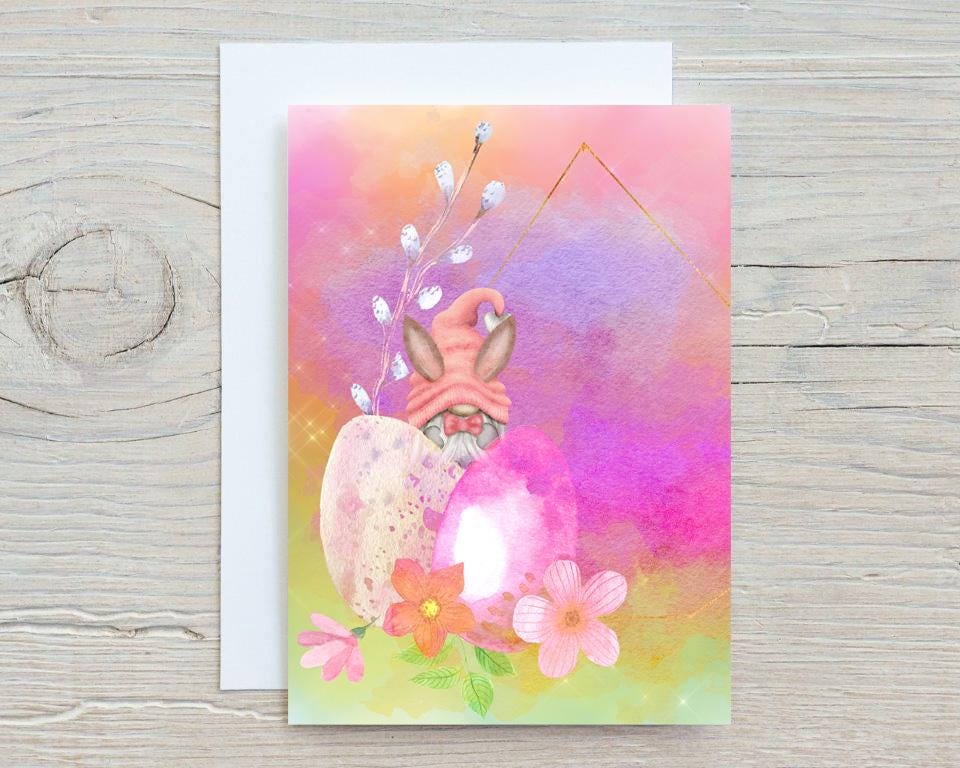 Easter Gnome A5 Glossy Personalised Card, with any name printed on the front