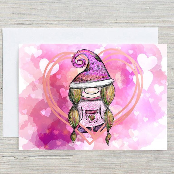 Valentines Gnome with heart A5 Glossy Personalised Card, with any name printed on the front, pretty pink design
