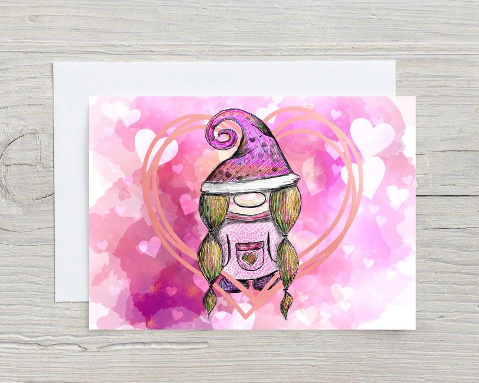 Valentines Gnome with heart A5 Glossy Personalised Card, with any name printed on the front, pretty pink design