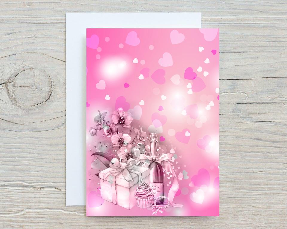 Celebration Card A5 Glossy Personalised Card, with any name/message printed on the front, pretty pink design, Engagement, Wedding, Birthday