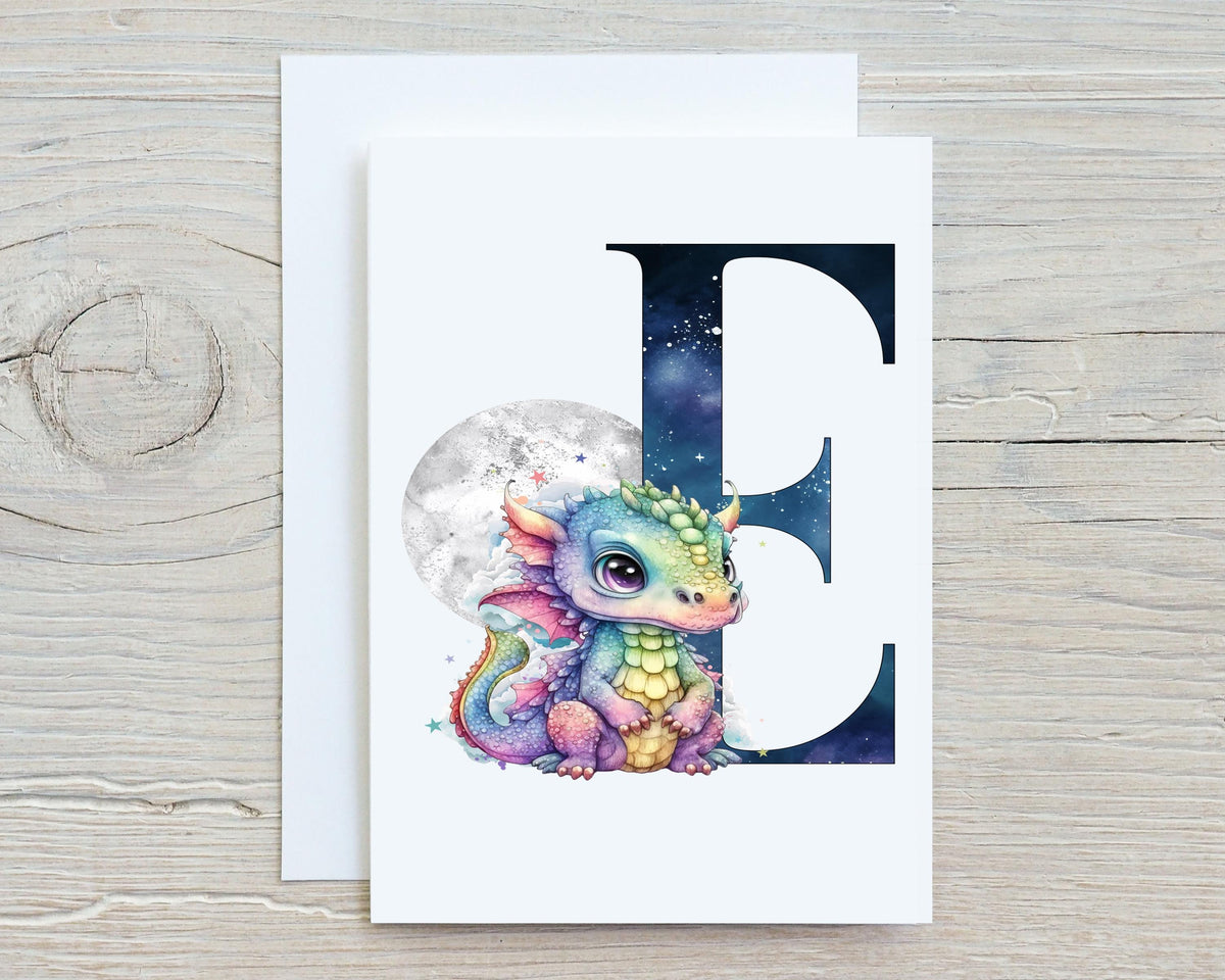 Dragon Birthday Card with Initial: Space Initial, ideal for kids