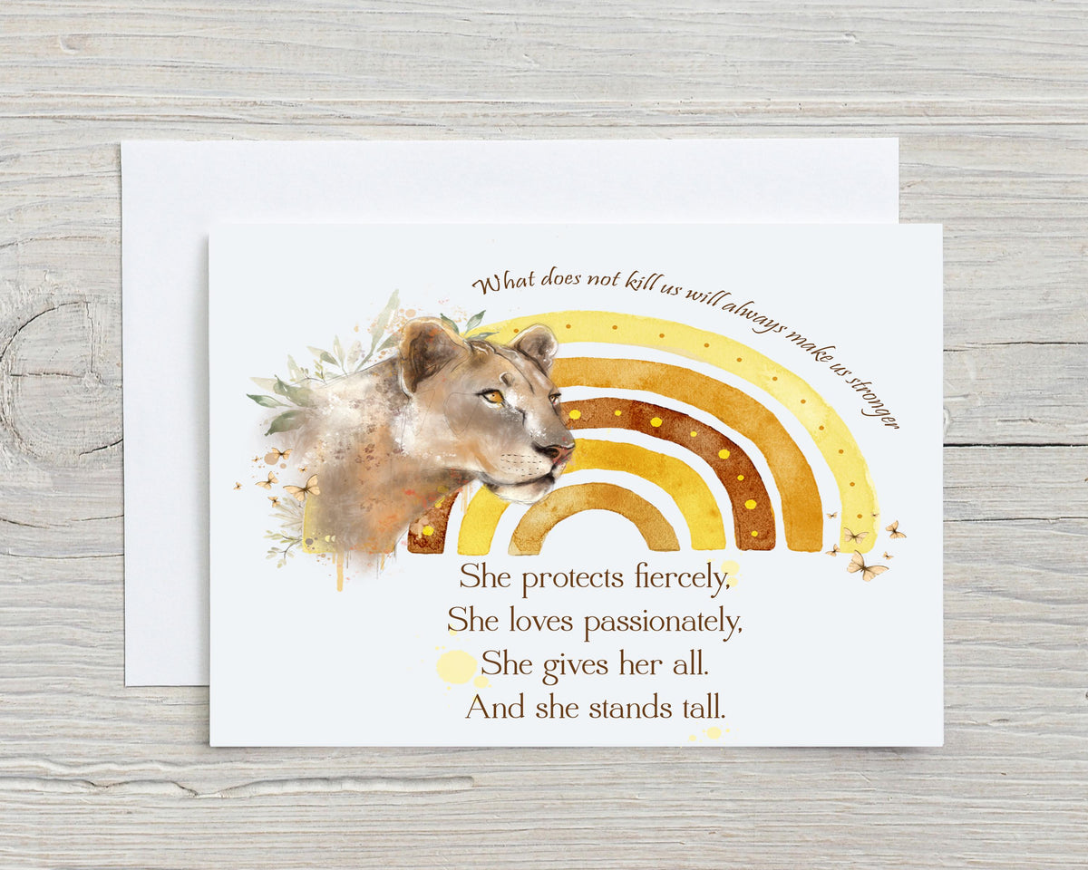 Lioness "What Does Not Kill Us Makes Us Stronger" A5 Glossy Personalised Greetings Card, motivational, birthday, animals, wildlife card