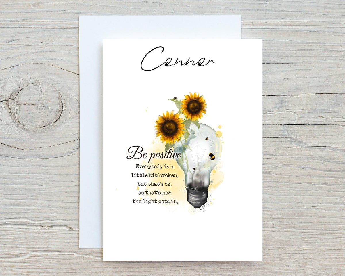 Lightbulb Bee Mental Health Glossy A5 Personalised Greetings Card, can be personalised with any name if required, motivate, help, support