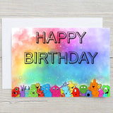 Monster Happy Birthday A5 Glossy Personalised Card, with any name printed on the front, birthday card for children