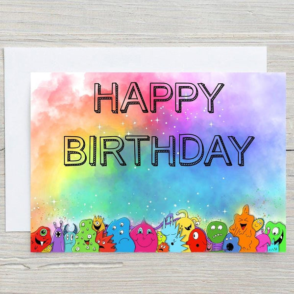 Monster Happy Birthday A5 Glossy Personalised Card, with any name printed on the front, birthday card for children