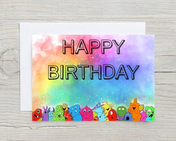 Monster Happy Birthday A5 Glossy Personalised Card, with any name printed on the front, birthday card for children