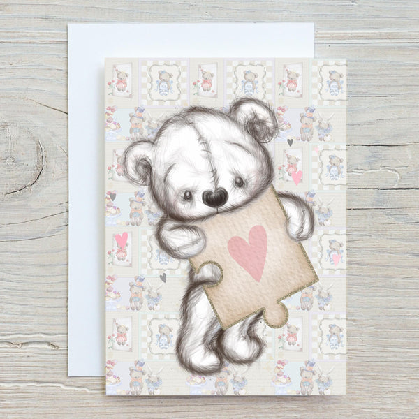Valentines Day Bear with heart A5 Glossy Personalised Card, with any name/message printed on the front, wording can be changed