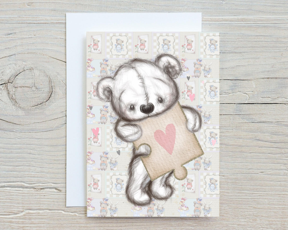 Valentines Day Bear with heart A5 Glossy Personalised Card, with any name/message printed on the front, wording can be changed