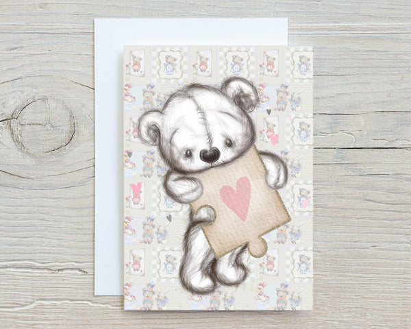 Valentines Day Bear with heart A5 Glossy Personalised Card, with any name/message printed on the front, wording can be changed