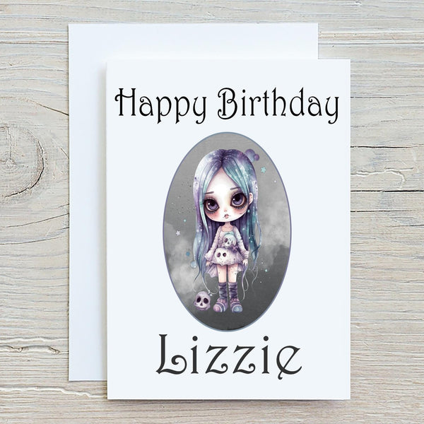 Gothic Emo Girl A5 Glossy Greetings Card, personalised with any wording if required on the front, Birthdays, Halloween