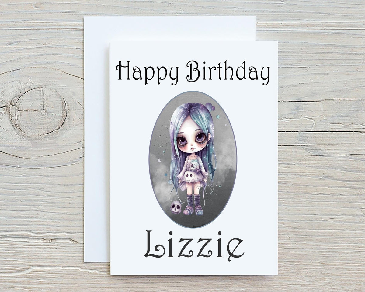 Gothic Emo Girl A5 Glossy Greetings Card, personalised with any wording if required on the front, Birthdays, Halloween