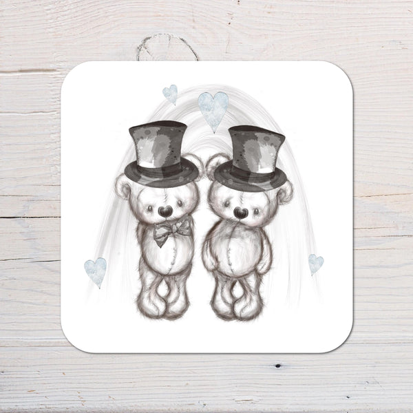 Wedding and Anniversary Sketchy Bears Two Gents Coaster Gift: can be personalised
