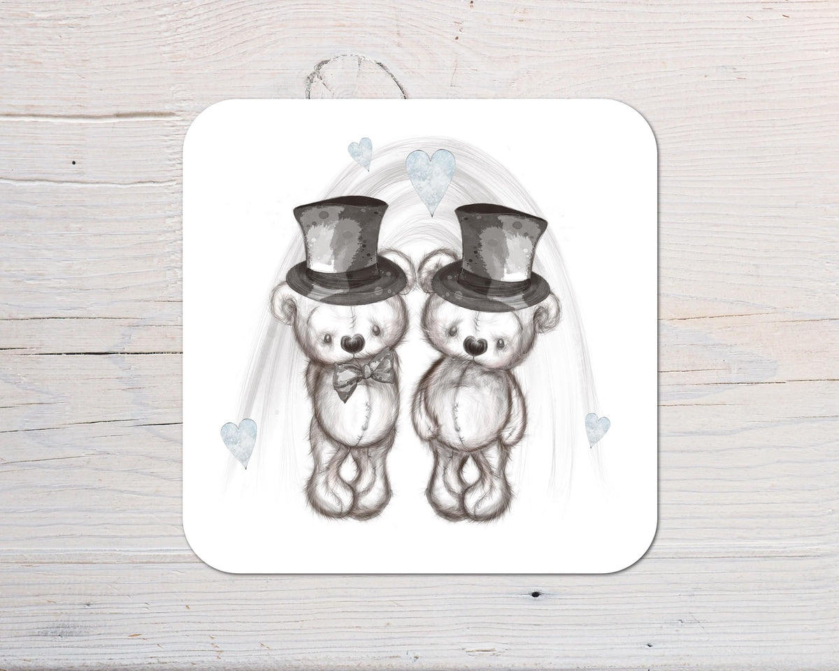 Wedding and Anniversary Sketchy Bears Two Gents Coaster Gift: can be personalised