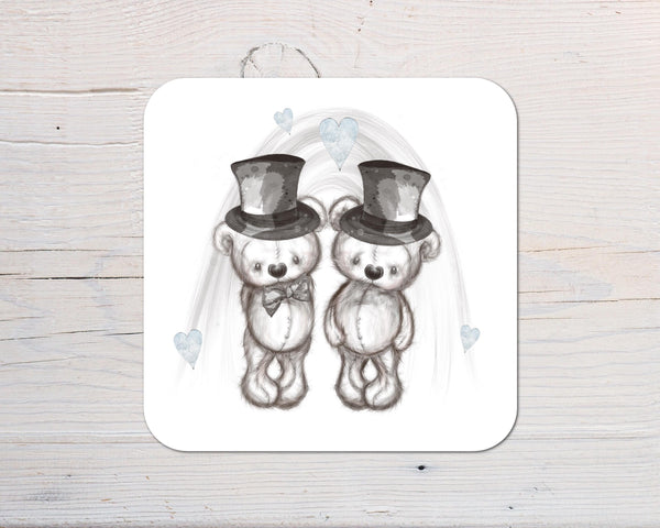 Wedding and Anniversary Sketchy Bears Two Gents Coaster Gift: can be personalised