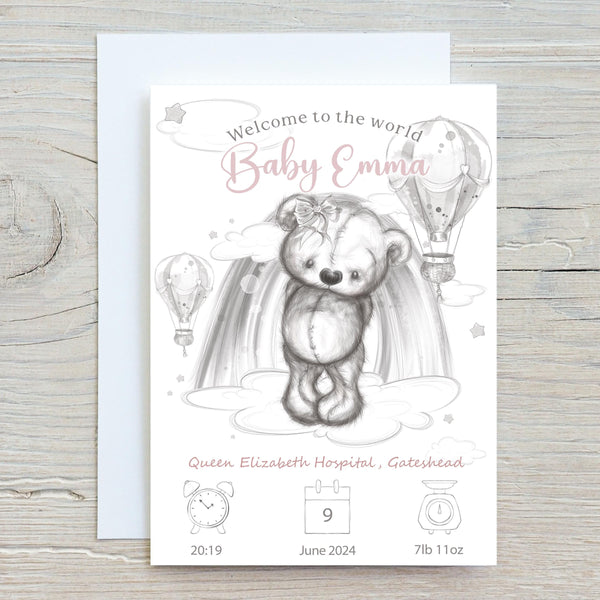 Teddy Bear Baby Birth Stats Card: Keepsake Gift for New Parents
