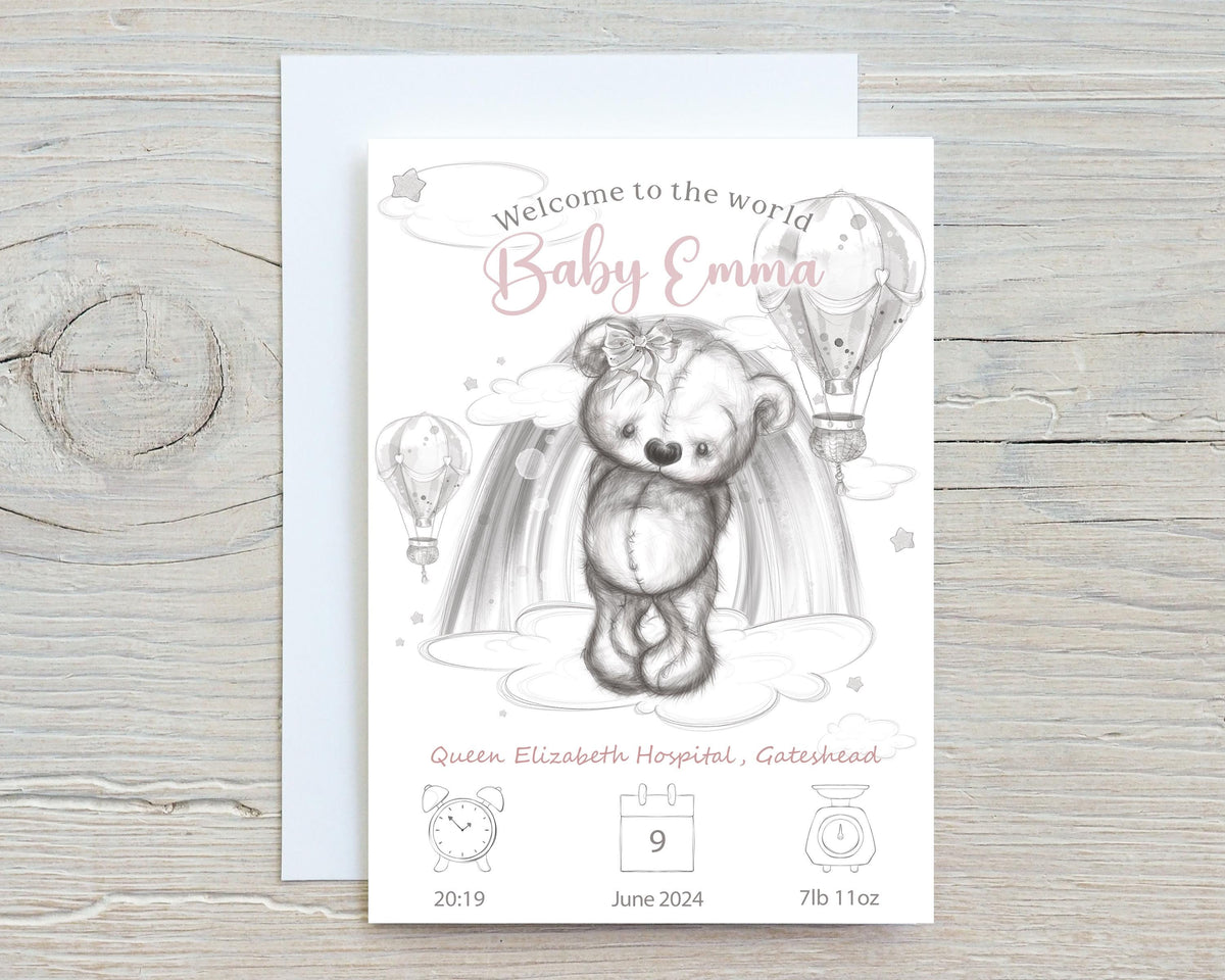 Teddy Bear Baby Birth Stats Card: Keepsake Gift for New Parents