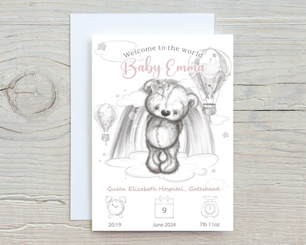 Teddy Bear Baby Birth Stats Card: Keepsake Gift for New Parents