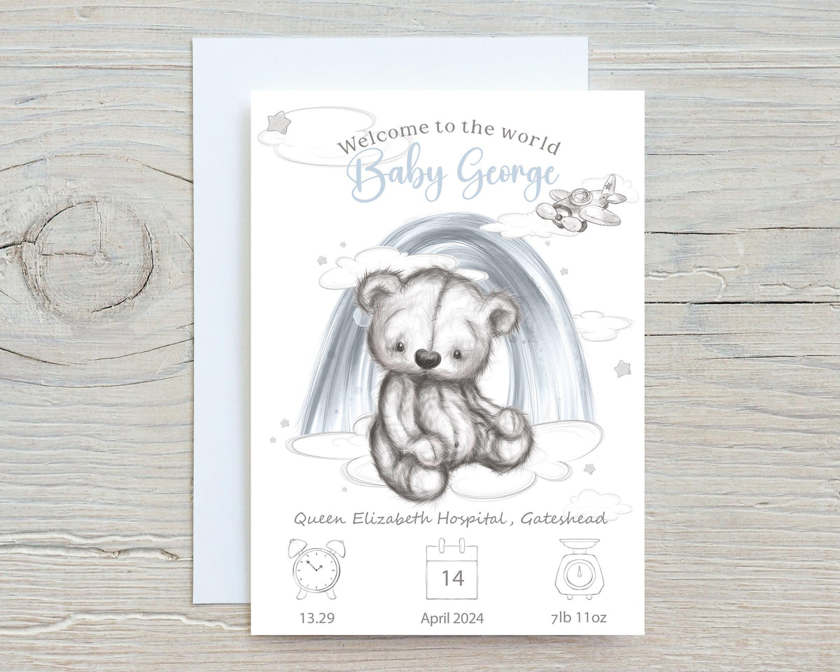 Teddy Bear Baby Birth Stats Card: Keepsake Gift for New Parents