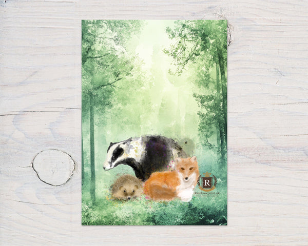 Badger Fox Hedgehog Wildlife Art Print: Hand Drawn A4 Glossy Card