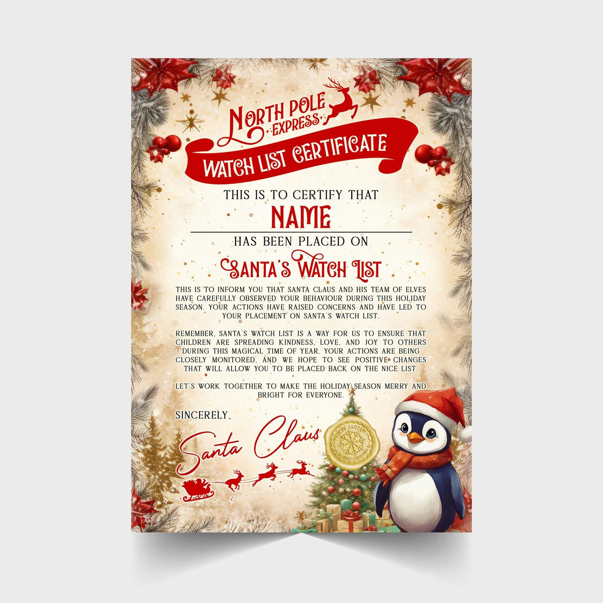 Personalised Santa's Watch List Certificate, Christmas Keepsake (A4)