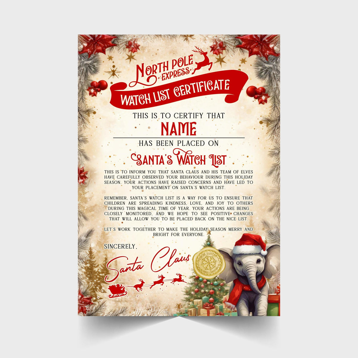 Personalised Santa's Watch List Certificate, Christmas Keepsake (A4)