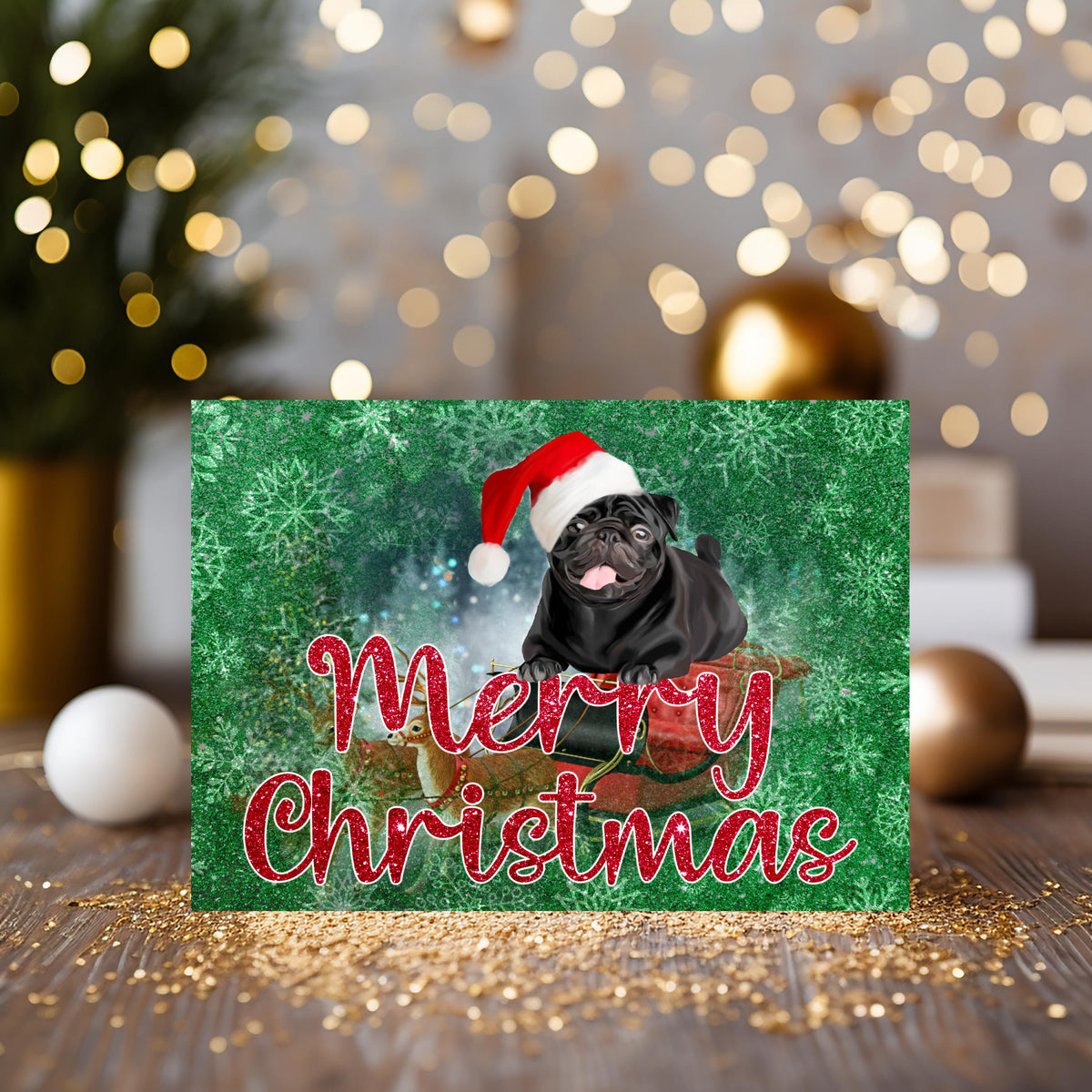 Personalised Pug Dog Christmas Card, can be personalised on the front