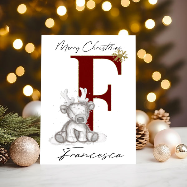 Sketchy Reindeer Christmas Card with any Initial: can be personalised with a name on the front