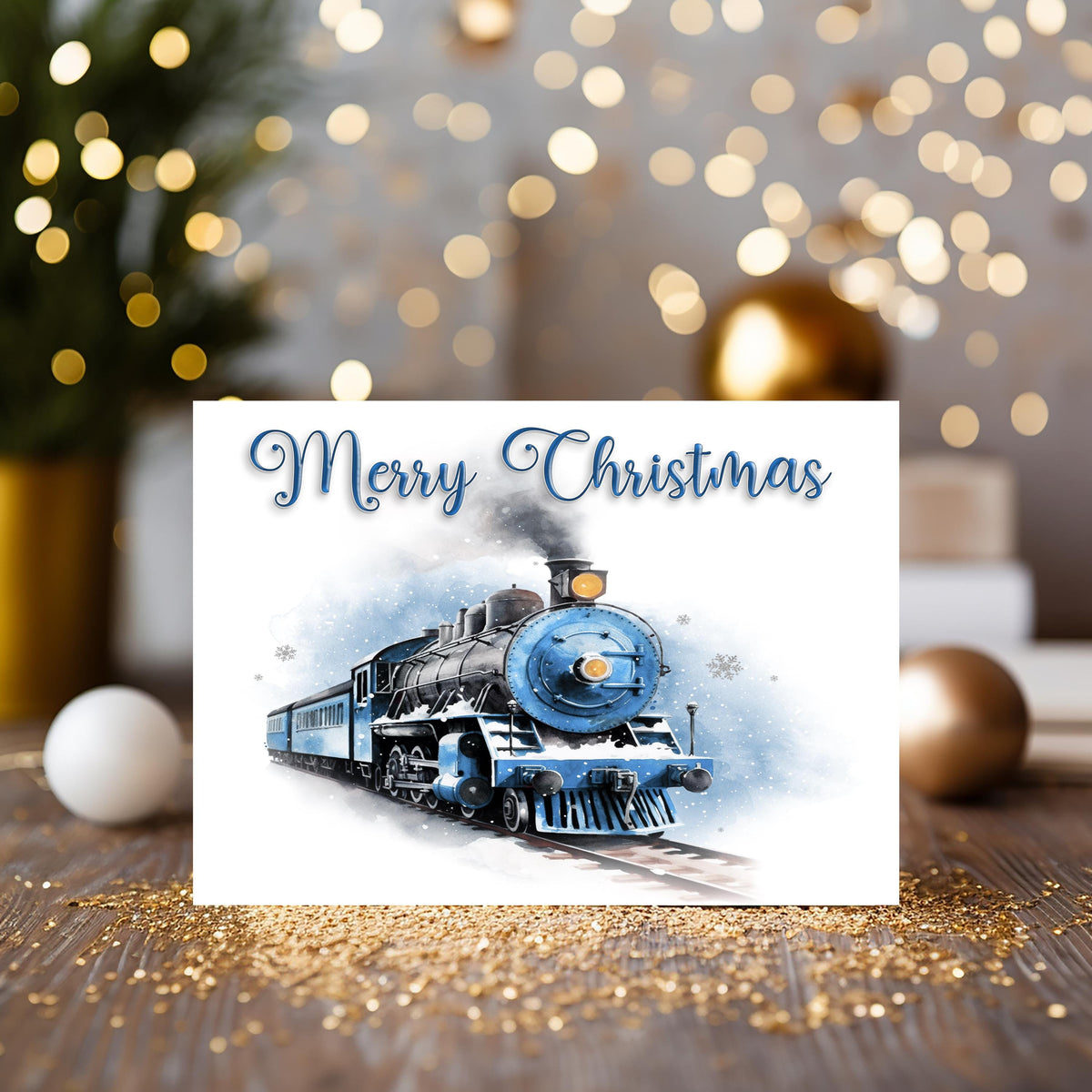 Steam Train Christmas Card, Red or Blue Engine, any wording on the front
