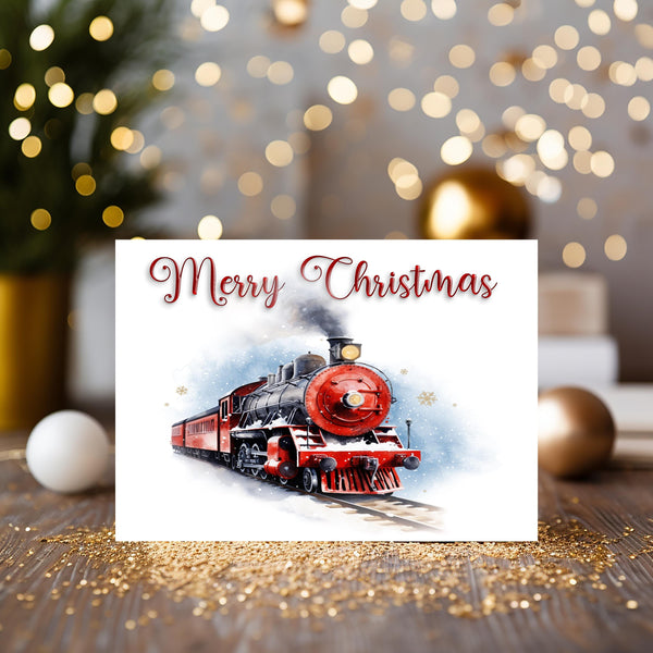 Steam Train Christmas Card, Red or Blue Engine, any wording on the front