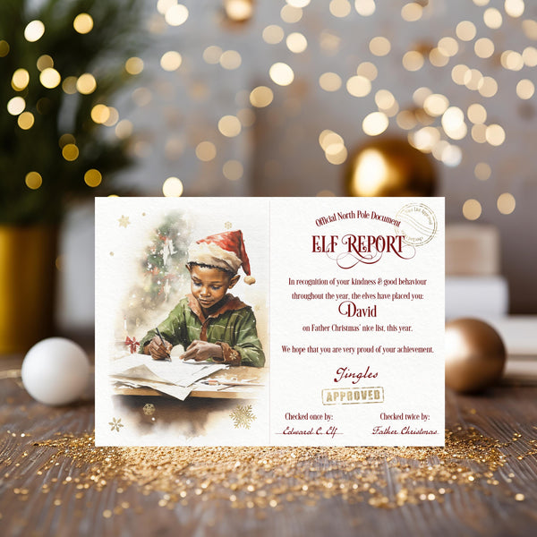 Elf Report from Santa Claus and Elf Certificate personalised 2025 Keepsake - help them believe in Santa, brown or white skin, boy or girl
