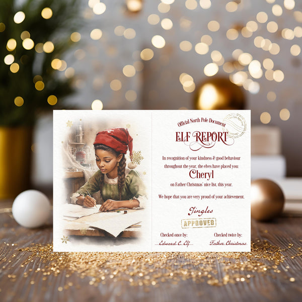 Elf Report from Santa Claus and Elf Certificate personalised 2025 Keepsake - help them believe in Santa, brown or white skin, boy or girl