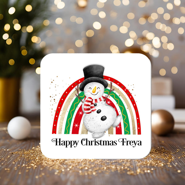 Christmas Snowman Rainbow Coaster personalised with any wording