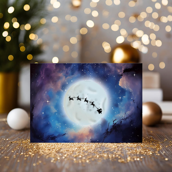 Santa's Sleigh Over the Moon Christmas Greeting Card
