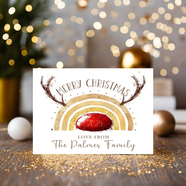Christmas Card with Reindeer, Glowy Nose, Gold Rainbow - personalised if required on the front