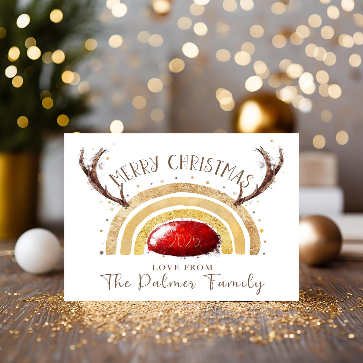 Christmas Card with Reindeer, Glowy Nose, Gold Rainbow - personalised if required on the front