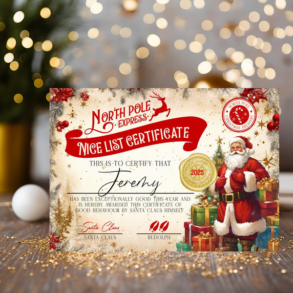 Santa's Nice List A4 personalised Certificate from Santa and Rudolph, Christmas 2026 Keepsake