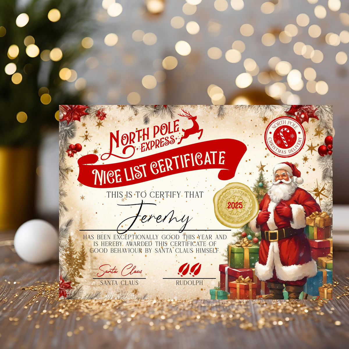Santa's Nice List A4 personalised Certificate from Santa and Rudolph, Christmas 2026 Keepsake