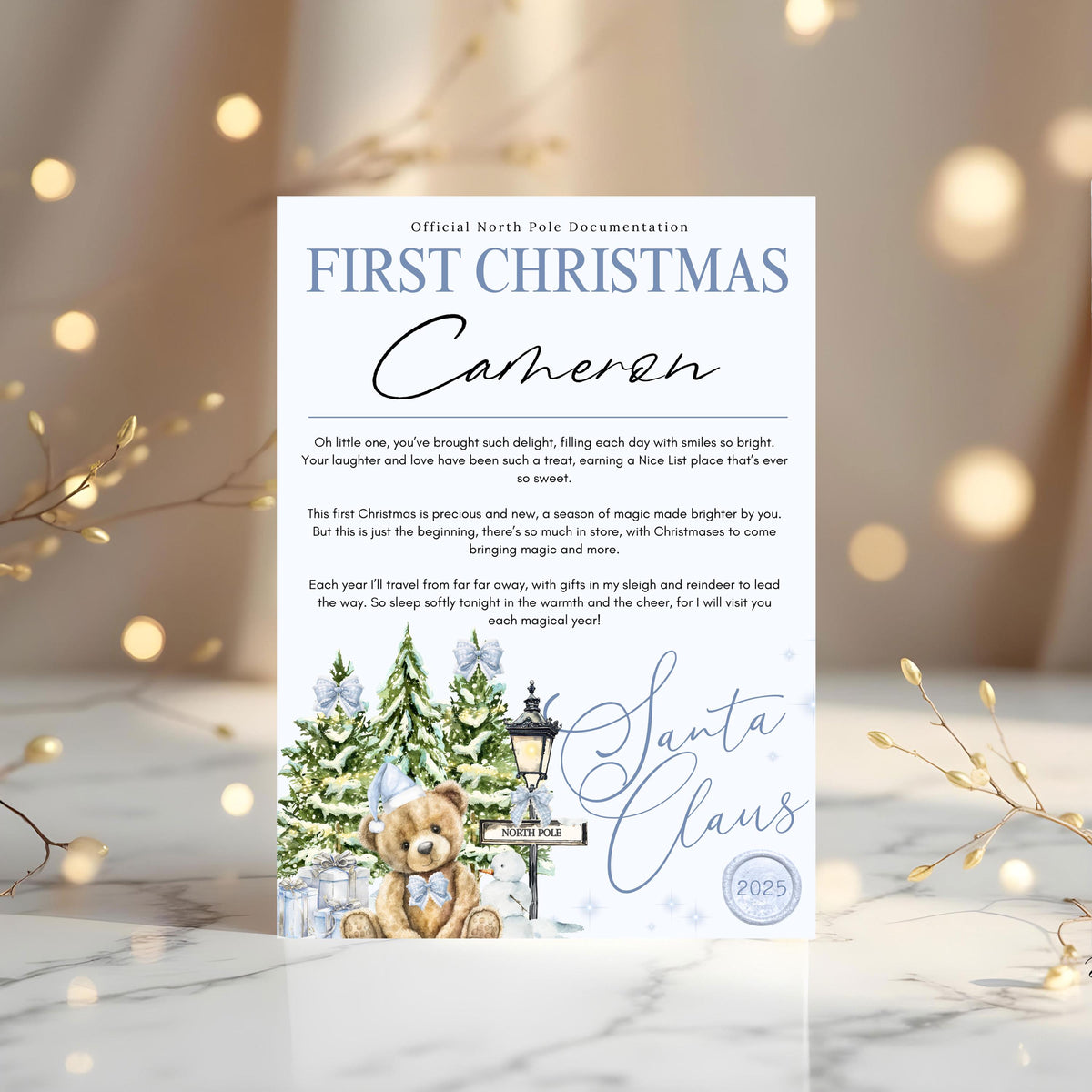 Personalised First Christmas Certificate from Santa - North Pole Keepsake