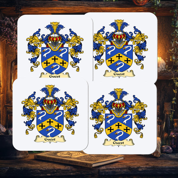 Set of 2 Personalised Family Crest Coasters: Heraldry Art, Surname Gift