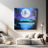 Original Teal Moon Painting, Signed Lake Landscape Art 20cm x 20cm - Rainbowprint.uk