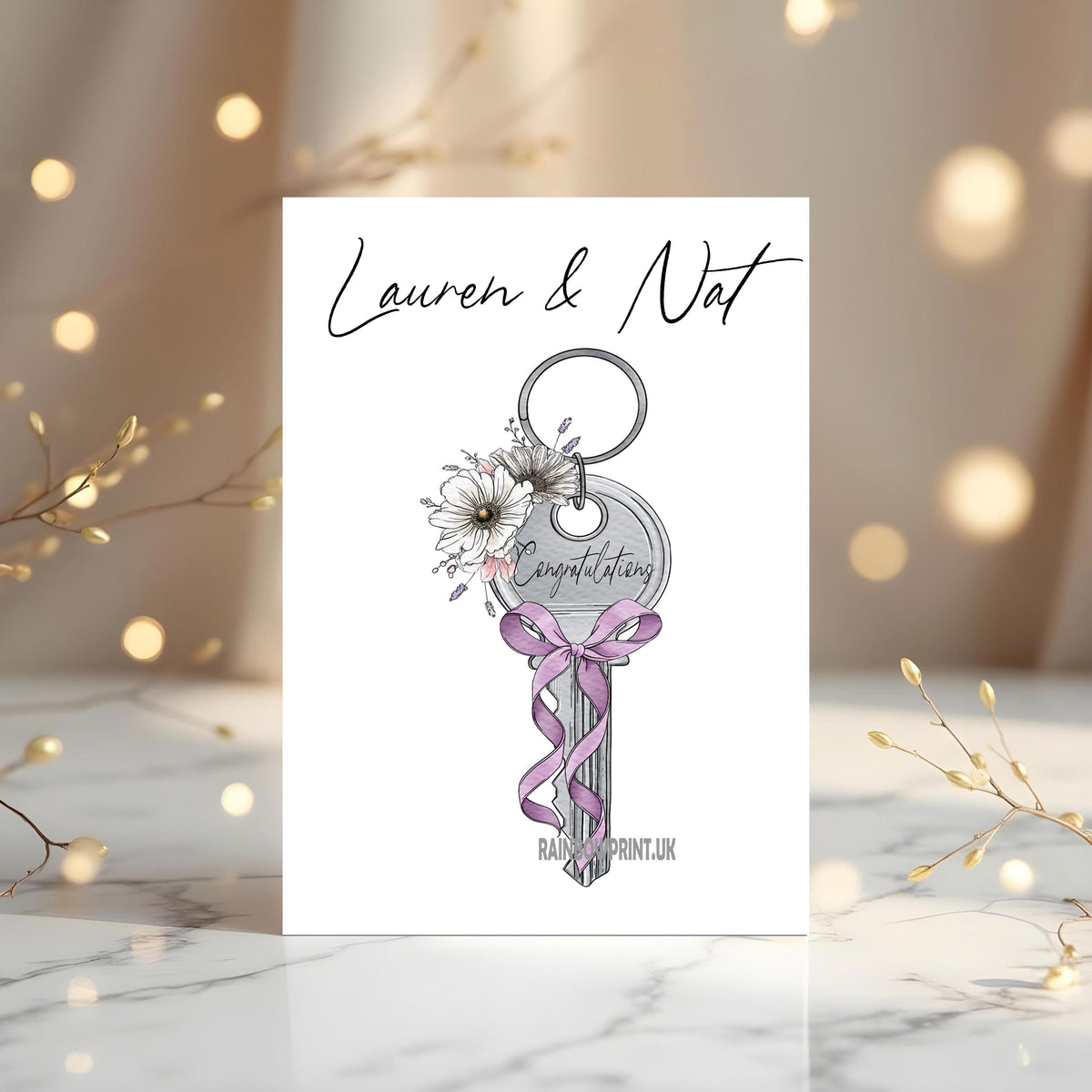 New Home Greetings Card: Front Door Key personalised with any name(s)