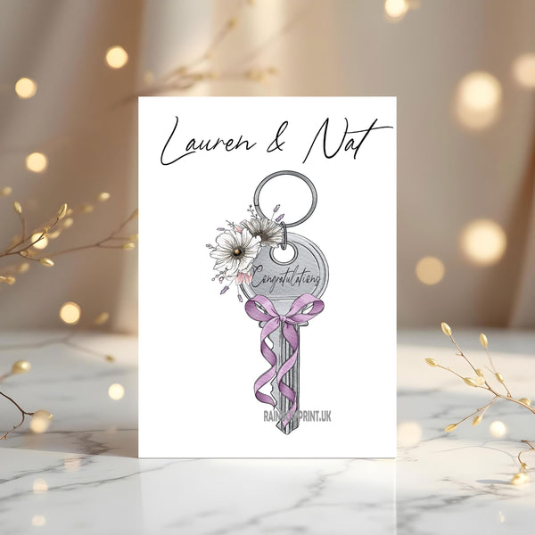 New Home Greetings Card: Front Door Key personalised with any name(s)
