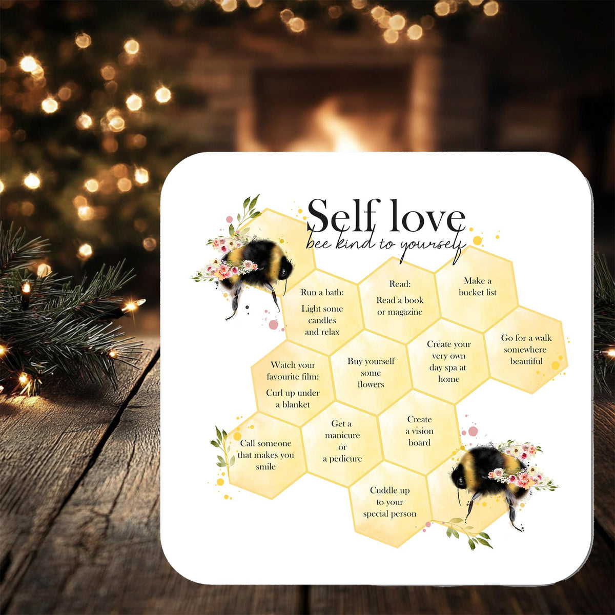 Bee Honeycomb Self Love Motivational Coaster Gift: personalised with any wording
