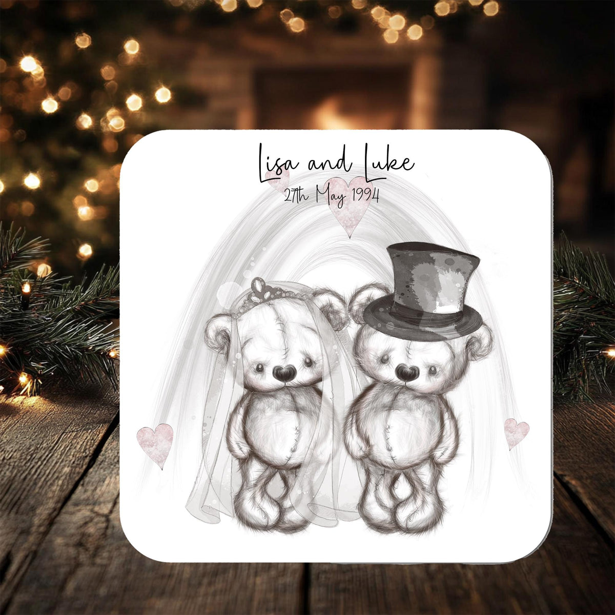 Wedding and Anniversary Sketchy Bears Coaster Gift: can be personalised