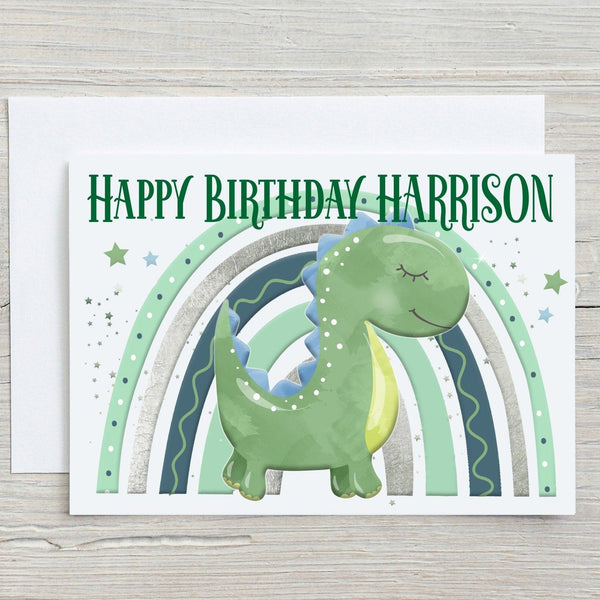 Cute Dinosaur Card with green dinosaur and personalised Happy Birthday