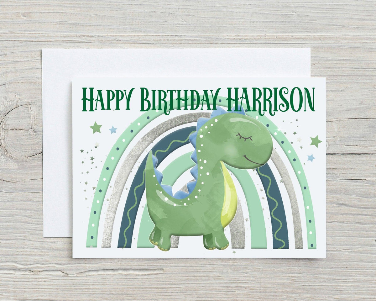 Cute Dinosaur Card with green dinosaur and personalised Happy Birthday