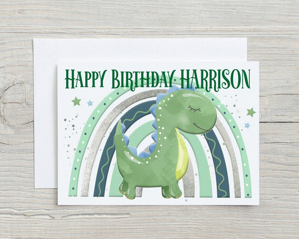 Cute Dinosaur Card with green dinosaur and personalised Happy Birthday