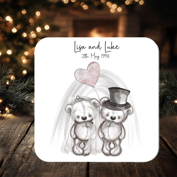 Wedding and Anniversary Sketchy Bears Coaster Gift: can be personalised
